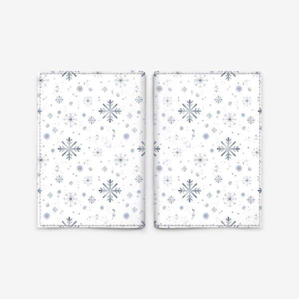 Обложка для паспорта «Акварельный новогодний бесшовный фон c зимними иллюстрациями голубых снежинок. Падающий снег»