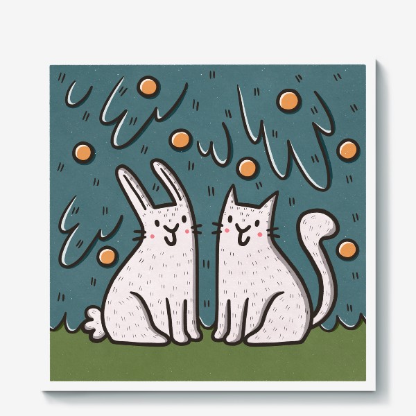 Холст &laquo;Милые кот и кролик под елкой. Новый год&raquo;