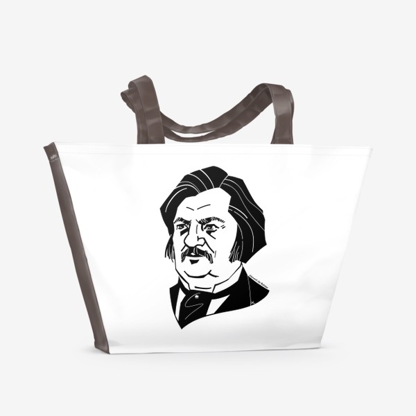 Пляжная сумка «Оноре де Бальзак, графический портрет писателя, черно-белый»