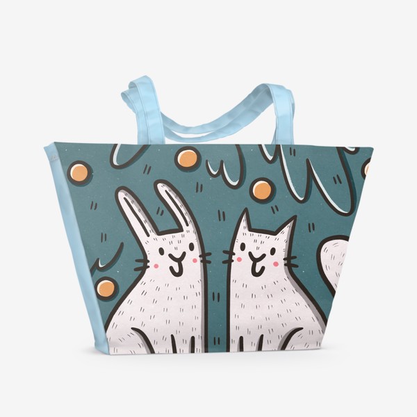 Пляжная сумка «Милые кот и кролик под елкой. Новый год»