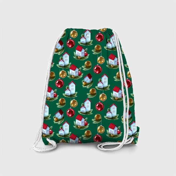 Рюкзак «Новогодние домики на зеленом - паттерн»