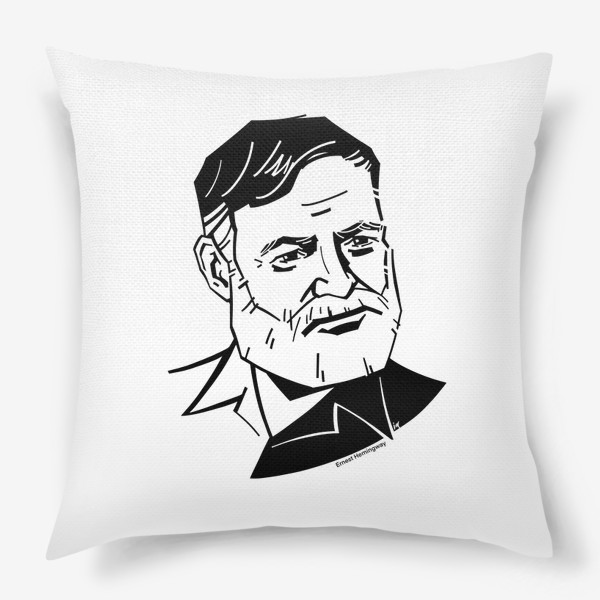 Подушка «Эрнест Хемингуэй, графический портрет писателя, черно-белый»