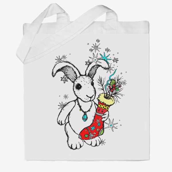 Сумка хб «Счастливый Кролик со Снежинками»