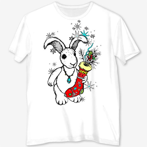 Футболка с полной запечаткой «Счастливый Кролик со Снежинками»