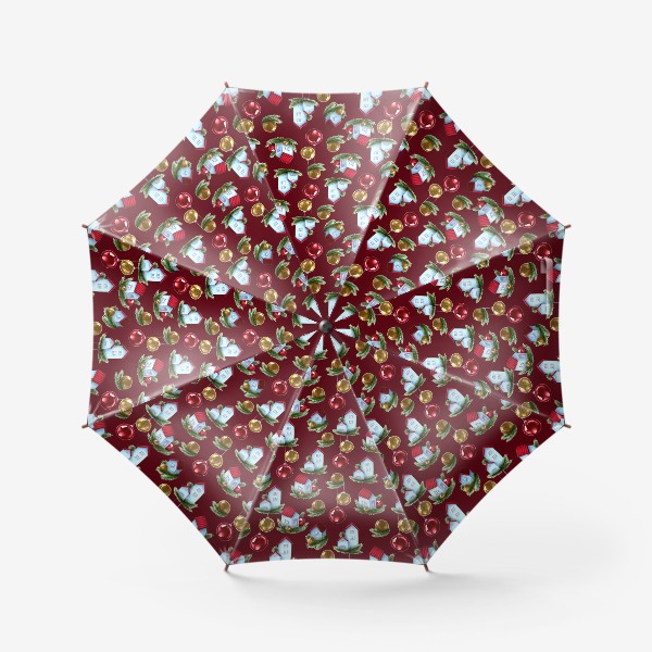 Зонт «Новогодние домики на бордовом - паттерн»