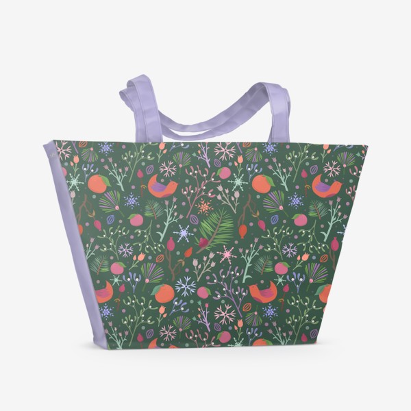Пляжная сумка «Новый год. Паттерн с растениями, мандаринами и птичками. Темно-зеленый.»