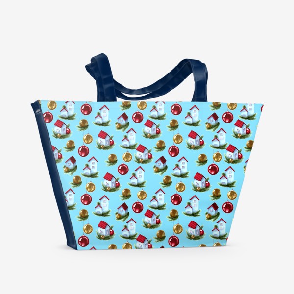 Пляжная сумка «Новогодние домики на голубом - паттерн»