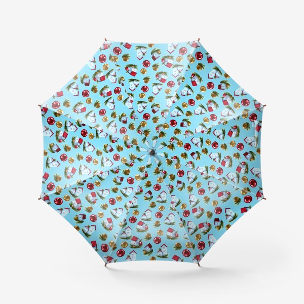 Зонт «Новогодние домики на голубом - паттерн»