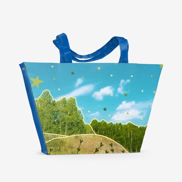 Пляжная сумка «летний зеленый пейзаж с лесом, холмом и голубым небом»