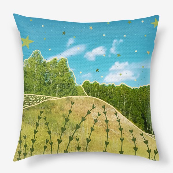 Подушка «летний зеленый пейзаж с лесом, холмом и голубым небом»