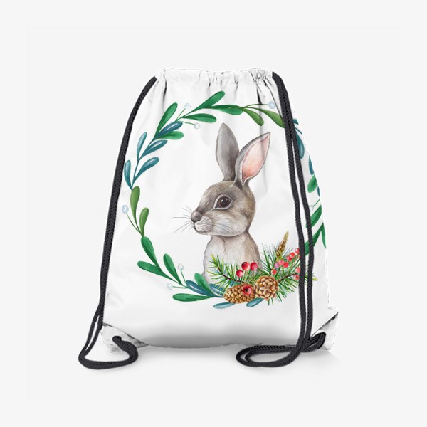 Рюкзак «Новогодний заяц в рамке с листьями и шишками.»