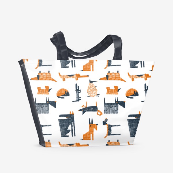 Пляжная сумка &laquo;Яркий нарисованный вручную бесшовный фон с иллюстрации стилизованных собачек. Разные породы собак, современный стиль&raquo;