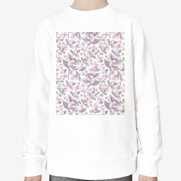 Свитшот «Акварельный нарисованный вручную фон с нежными иллюстрациями веточек снежноягодника. Розовые зимние ягоды. Флористика»