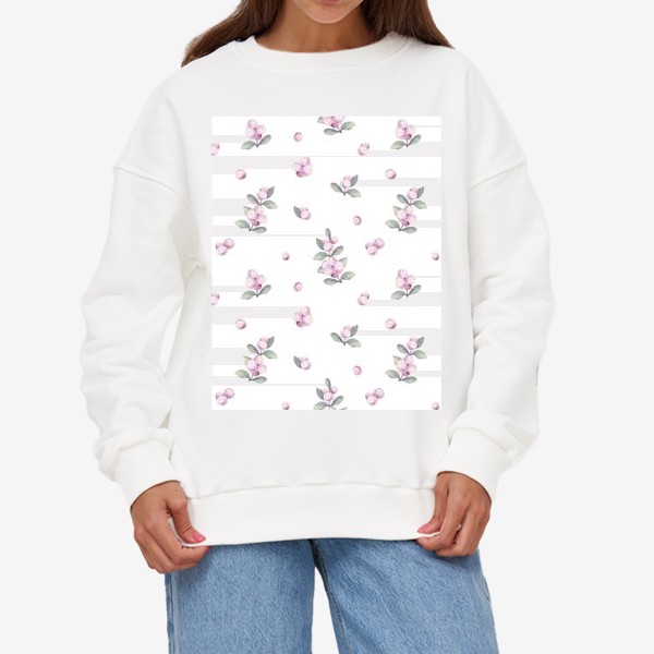 Свитшот &laquo;Акварельный нарисованный вручную фон с нежными иллюстрациями веточек снежноягодника. Розовые зимние ягоды. Флористика&raquo;