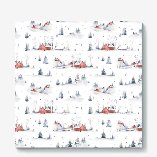 Холст «Акварельный новогодний бесшовный фон с иллюстрациями туманного зимнего пейзажа с красными домами, деревьями, сугробами»