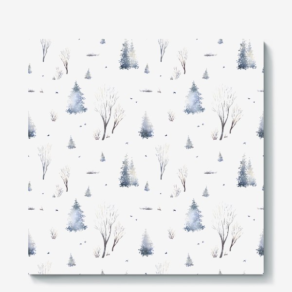 Холст «Акварельный новогодний бесшовный фон с иллюстрациями туманного зимнего пейзажа с елками, деревьями, птицами»