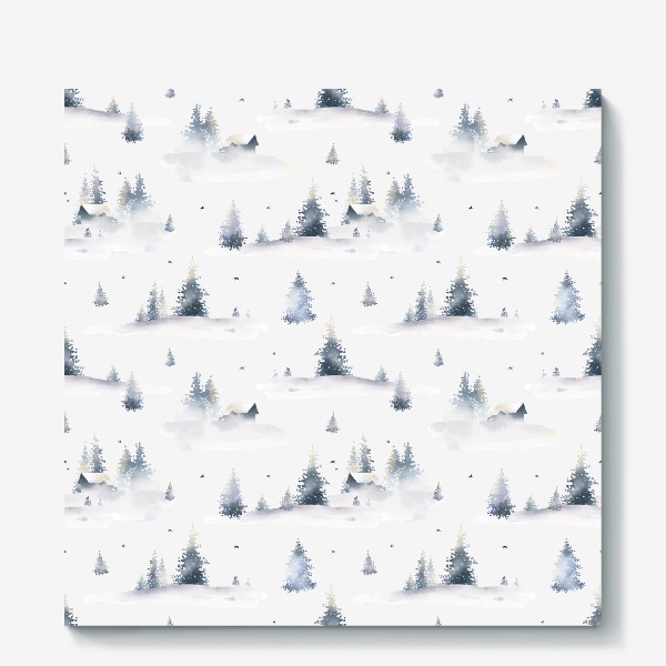 Холст «Акварельный новогодний бесшовный фон с иллюстрациями туманного зимнего пейзажа с лесом, деревьями, сугробами и птицами»