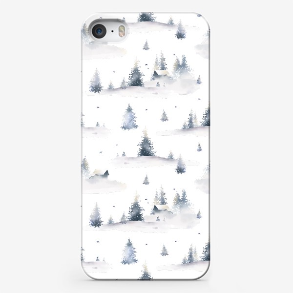 Чехол iPhone «Акварельный новогодний бесшовный фон с иллюстрациями туманного зимнего пейзажа с лесом, деревьями, сугробами и птицами»