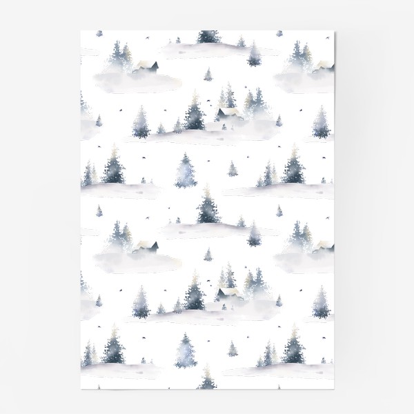Постер «Акварельный новогодний бесшовный фон с иллюстрациями туманного зимнего пейзажа с лесом, деревьями, сугробами и птицами»