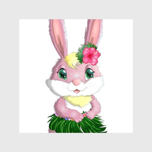 Шторы «Символ 2023 Нового года, девочка кролик в наряде танцовщицы Хула. Гавайи, тропический новый год»