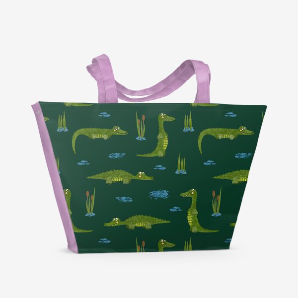 Пляжная сумка «Крокодил и крокодилы на тёмном зелёном фоне. Милые экзотические животные»