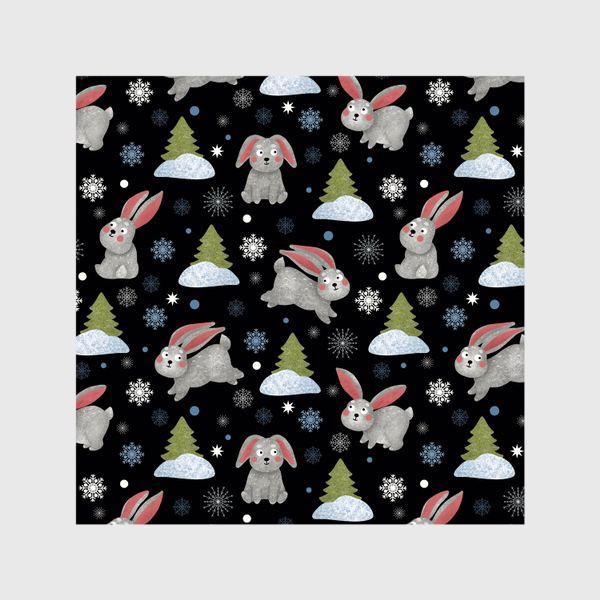 Шторы «Зайцы или кролики, снежинки и ёлки на чёрном фоне. Заяц, кролик и снег»