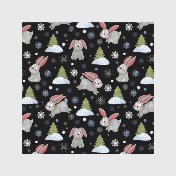 Скатерть «Зайцы или кролики, снежинки и ёлки на чёрном фоне. Заяц, кролик и снег»
