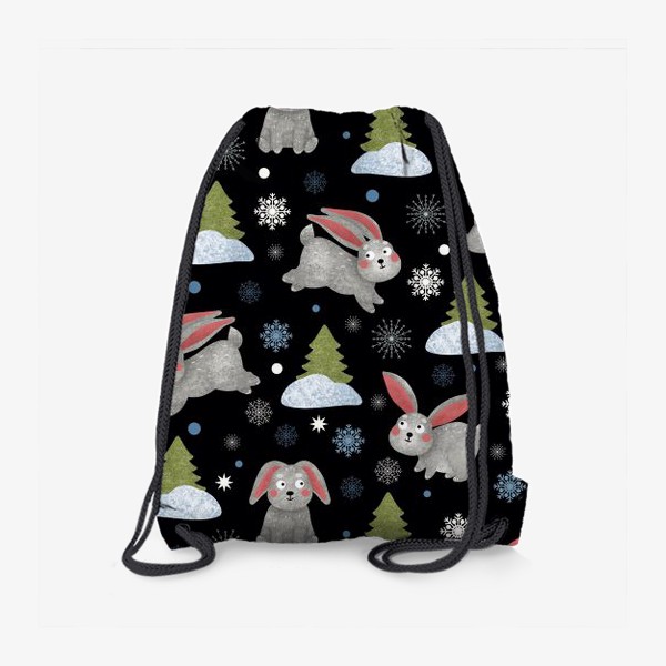 Рюкзак «Зайцы или кролики, снежинки и ёлки на чёрном фоне. Заяц, кролик и снег»