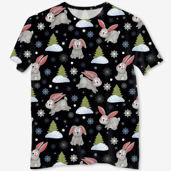 Футболка с полной запечаткой «Зайцы или кролики, снежинки и ёлки на чёрном фоне. Заяц, кролик и снег»