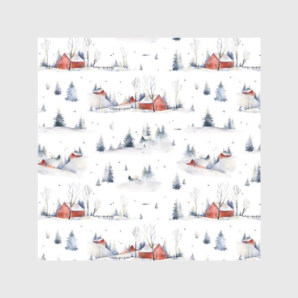 Шторы &laquo;Акварельный новогодний бесшовный фон с иллюстрациями туманного зимнего пейзажа с красными домами, деревьями, сугробами&raquo;