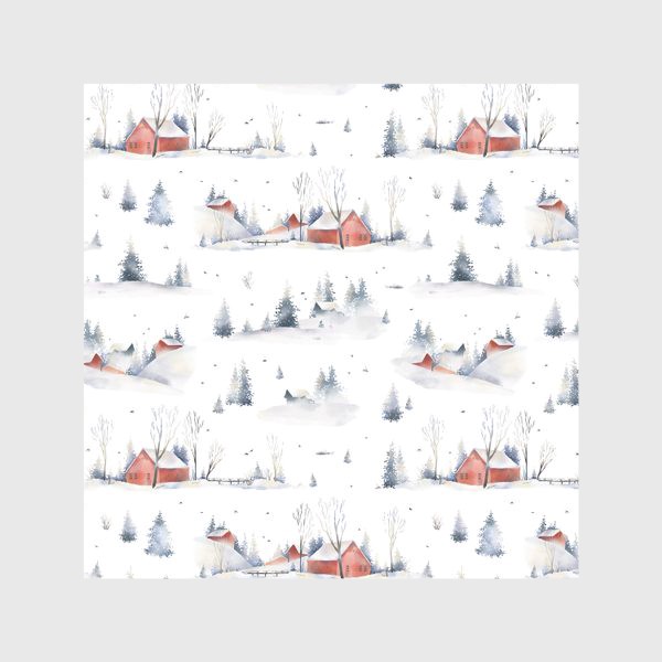 Скатерть «Акварельный новогодний бесшовный фон с иллюстрациями туманного зимнего пейзажа с красными домами, деревьями, сугробами»