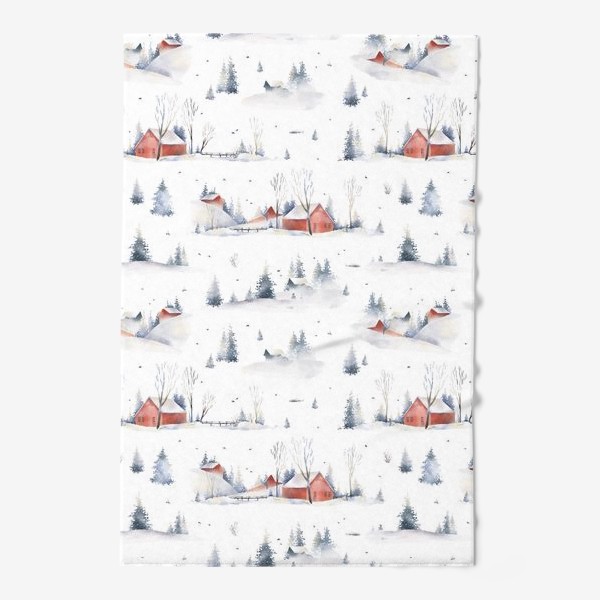 Полотенце «Акварельный новогодний бесшовный фон с иллюстрациями туманного зимнего пейзажа с красными домами, деревьями, сугробами»