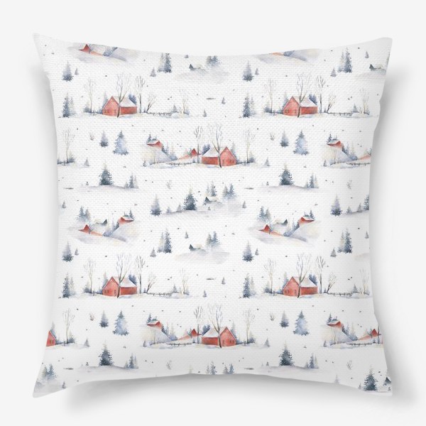 Подушка «Акварельный новогодний бесшовный фон с иллюстрациями туманного зимнего пейзажа с красными домами, деревьями, сугробами»