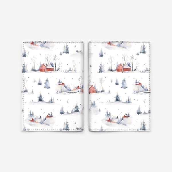 Обложка для паспорта «Акварельный новогодний бесшовный фон с иллюстрациями туманного зимнего пейзажа с красными домами, деревьями, сугробами»