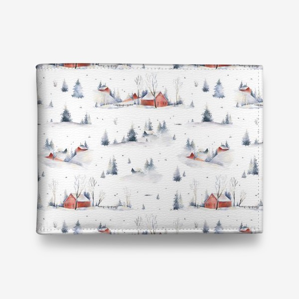 Кошелек «Акварельный новогодний бесшовный фон с иллюстрациями туманного зимнего пейзажа с красными домами, деревьями, сугробами»