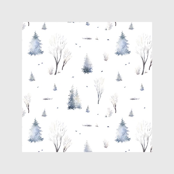 Шторы «Акварельный новогодний бесшовный фон с иллюстрациями туманного зимнего пейзажа с елками, деревьями, птицами»