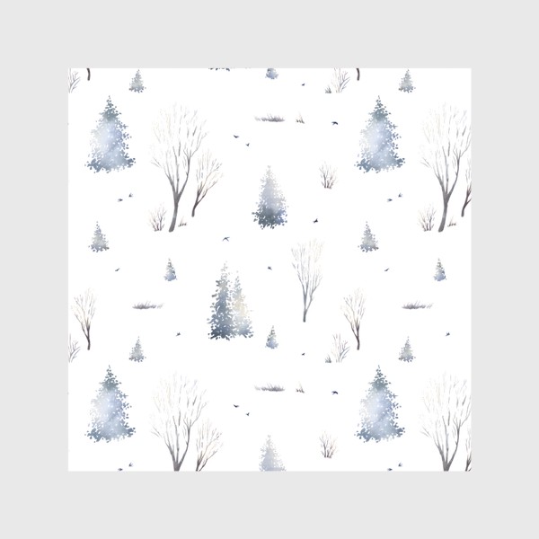 Скатерть «Акварельный новогодний бесшовный фон с иллюстрациями туманного зимнего пейзажа с елками, деревьями, птицами»