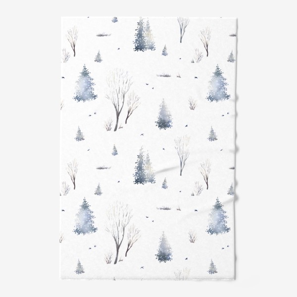 Полотенце &laquo;Акварельный новогодний бесшовный фон с иллюстрациями туманного зимнего пейзажа с елками, деревьями, птицами&raquo;