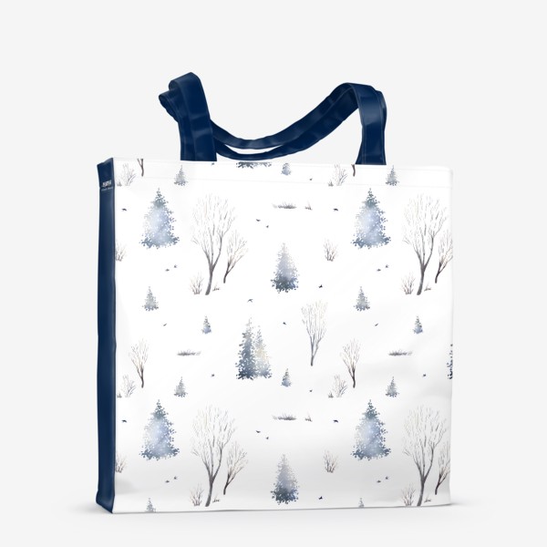 Сумка-шоппер &laquo;Акварельный новогодний бесшовный фон с иллюстрациями туманного зимнего пейзажа с елками, деревьями, птицами&raquo;