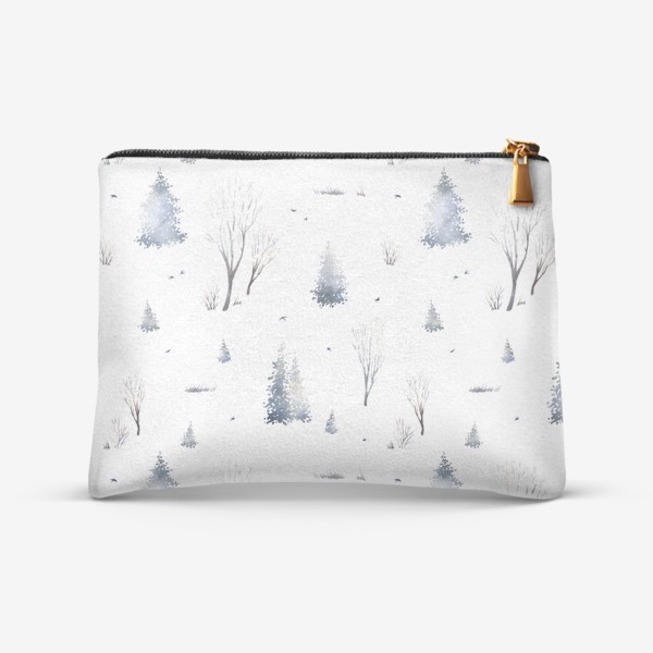 Косметичка &laquo;Акварельный новогодний бесшовный фон с иллюстрациями туманного зимнего пейзажа с елками, деревьями, птицами&raquo;