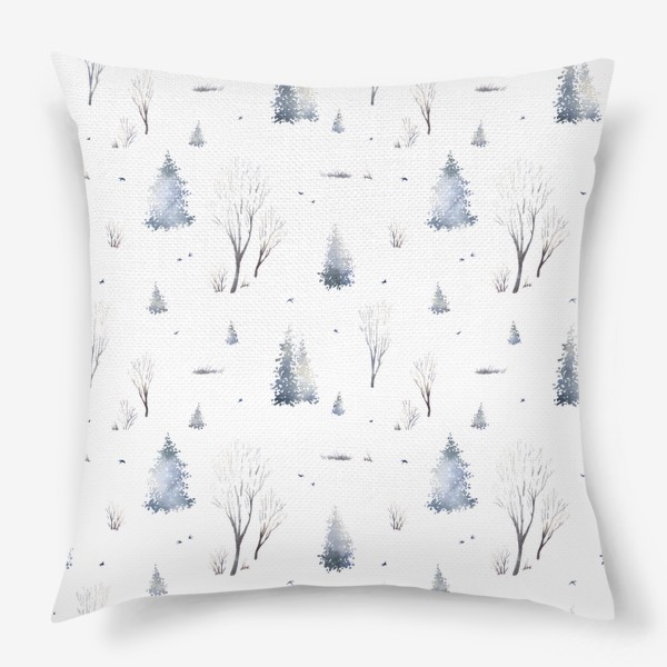 Подушка «Акварельный новогодний бесшовный фон с иллюстрациями туманного зимнего пейзажа с елками, деревьями, птицами»