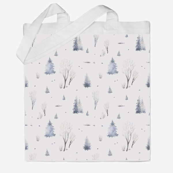 Сумка хб «Акварельный новогодний бесшовный фон с иллюстрациями туманного зимнего пейзажа с елками, деревьями, птицами»