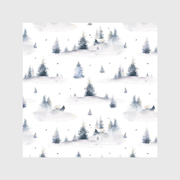 Шторы &laquo;Акварельный новогодний бесшовный фон с иллюстрациями туманного зимнего пейзажа с лесом, деревьями, сугробами и птицами&raquo;