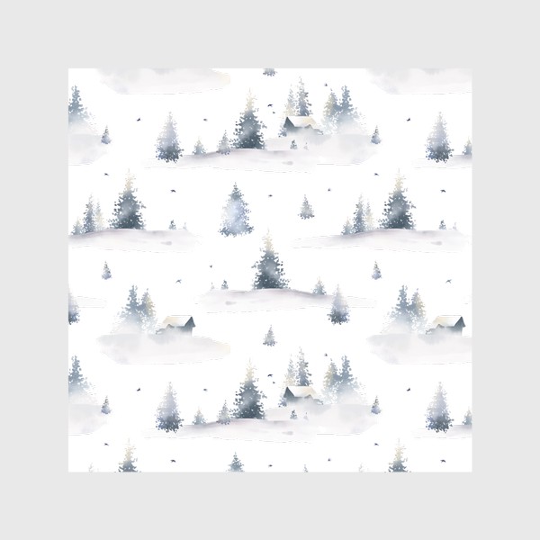 Скатерть &laquo;Акварельный новогодний бесшовный фон с иллюстрациями туманного зимнего пейзажа с лесом, деревьями, сугробами и птицами&raquo;