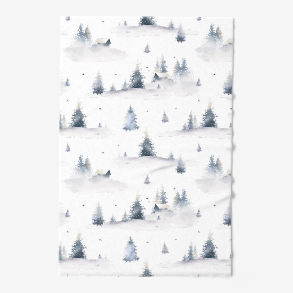 Полотенце &laquo;Акварельный новогодний бесшовный фон с иллюстрациями туманного зимнего пейзажа с лесом, деревьями, сугробами и птицами&raquo;
