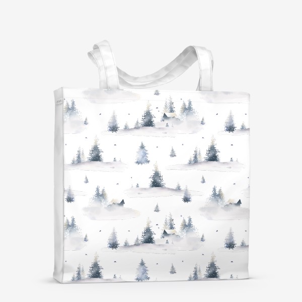 Сумка-шоппер &laquo;Акварельный новогодний бесшовный фон с иллюстрациями туманного зимнего пейзажа с лесом, деревьями, сугробами и птицами&raquo;