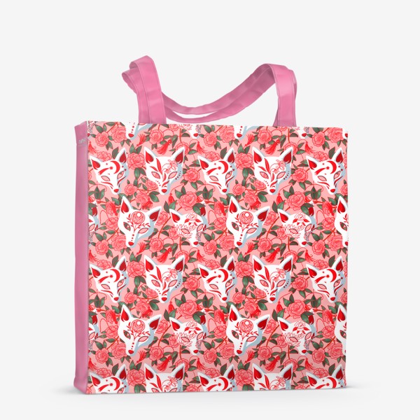Сумка-шоппер «Маски лисиц кицунэ и цветущая камелия на розовом»