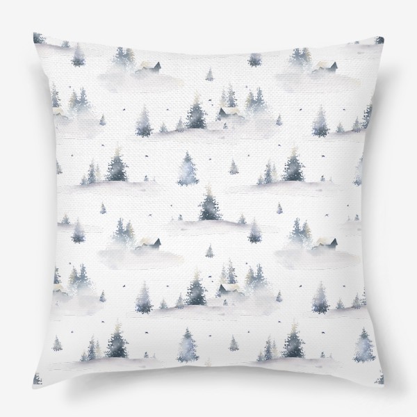 Подушка &laquo;Акварельный новогодний бесшовный фон с иллюстрациями туманного зимнего пейзажа с лесом, деревьями, сугробами и птицами&raquo;