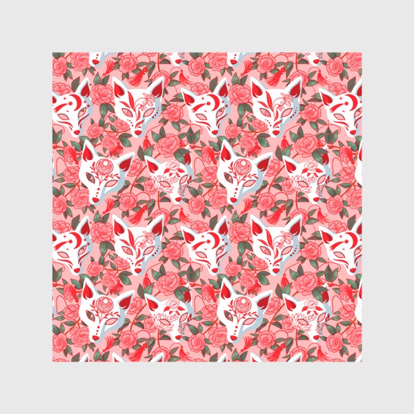 Скатерть «Маски лисиц кицунэ и цветущая камелия на розовом»