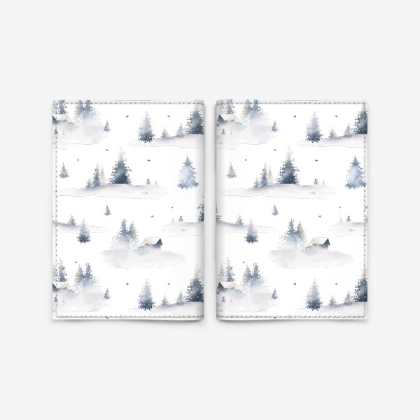 Обложка для паспорта «Акварельный новогодний бесшовный фон с иллюстрациями туманного зимнего пейзажа с лесом, деревьями, сугробами и птицами»
